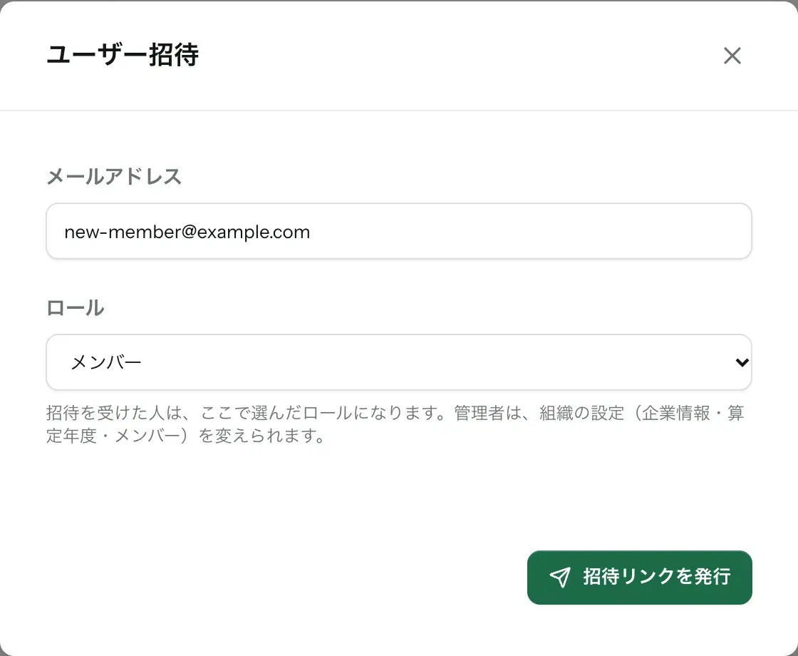ユーザー招待のモーダル。メールアドレスの下にロールのプルダウンがあり、既定はメンバー