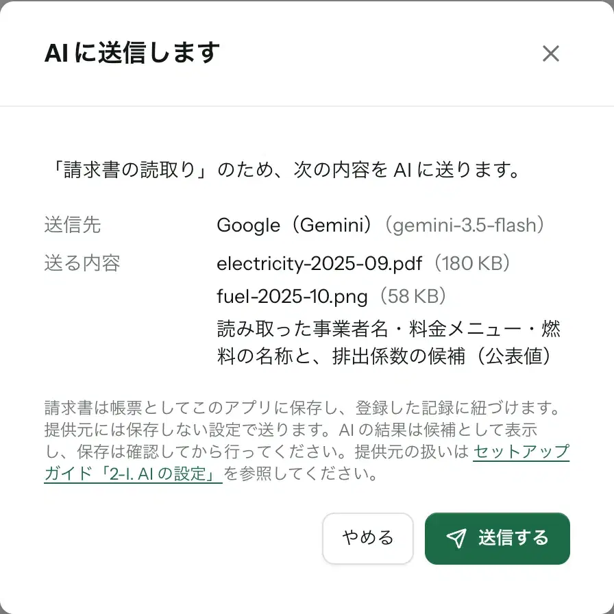 「AI に送信します」のダイアログ。送信先は Google（Gemini）（gemini-3.5-flash）。送る内容は electricity-2025-09.pdf（180 KB）、fuel-2025-10.png（58 KB）と、読み取った事業者名・料金メニュー・燃料の名称と排出係数の候補（公表値）。請求書は帳票としてこのアプリに保存し、提供元には保存しない設定で送ると書かれている