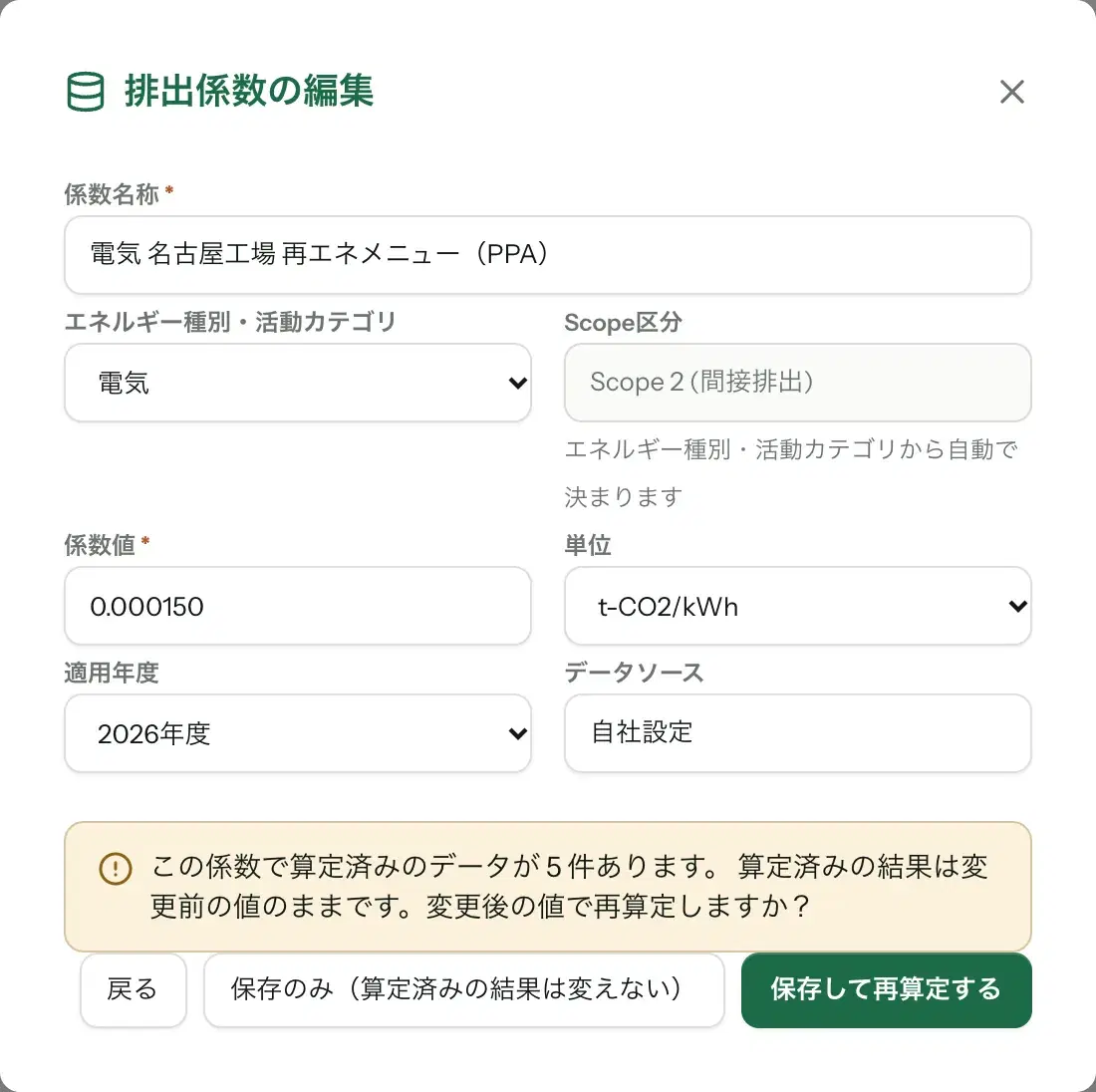 排出係数の編集モーダル。係数値を 0.000150 に変えて更新すると、この係数で算定済みのデータが 5 件あると表示され、戻る・保存のみ・保存して再算定する、の 3 つのボタンが並ぶ